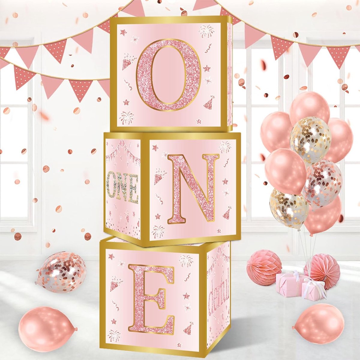 1e verjaardag decoraties dozen voor meisjes - 3 stuks roze rosé gouden eerste verjaardag ballonnen dozen, een jaar oude gelukkige geboorte partij kartonnen doos decoraties voor baby meisje