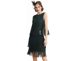 Dames 1920s Charleston Jurk - Knielengte Cocktail Party Jurk - 20s Flapper - Dames Gatsby Kostuum Jurk - Cocktail, donkergroen, XXL