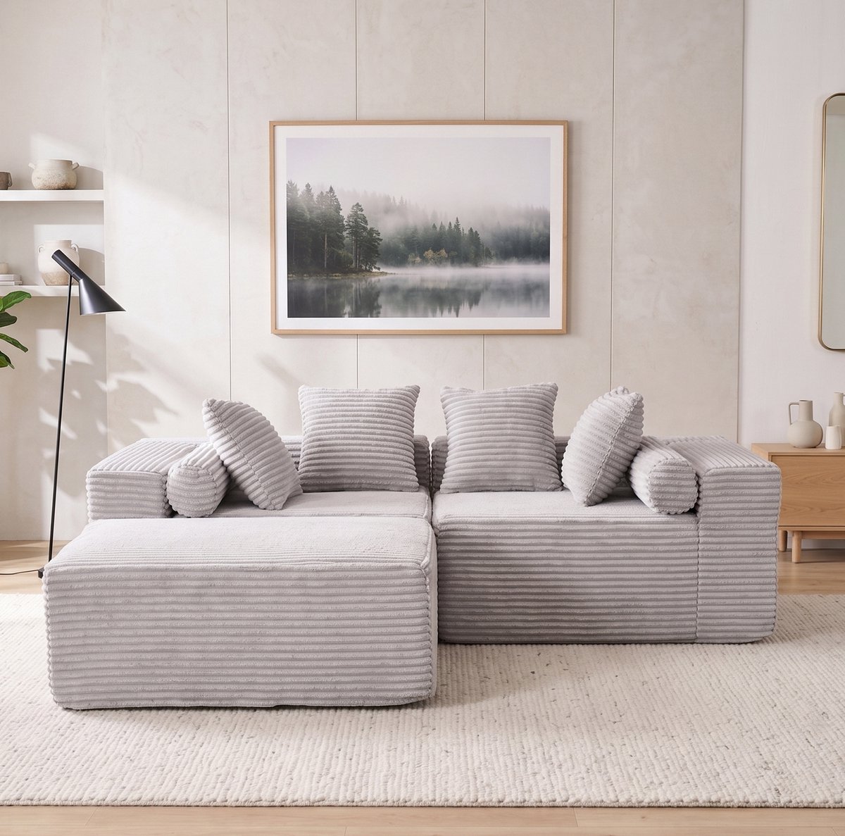 FloraGrace Hoekbank 3-Zits - Modulaire L-Vorm Met Chaise Longue - Geen Montage Nodig - Voor Woonkamer Of Slaapkamer - Schuim En Veren - Grijs