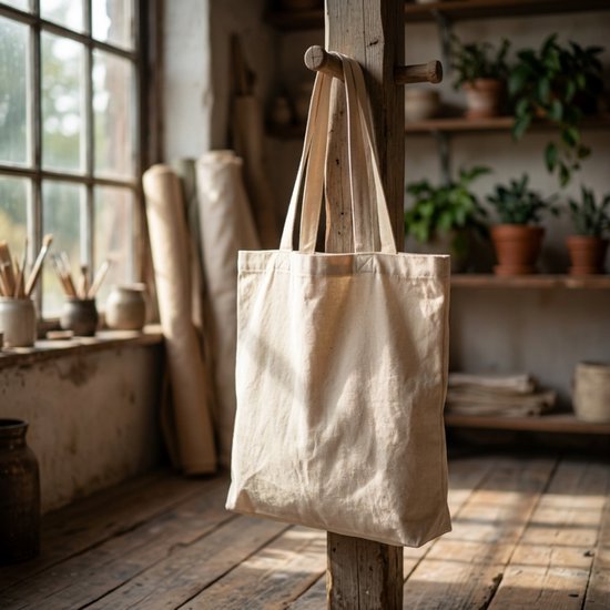 Crèmekleurige katoenen tote bag op een houten tafel bij een raam.