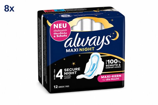 Always Maxi Night Maandverband Maat 4 - Wings - 8 x 12 Stuks - 96 Maandverbanden - Voordeelverpakking