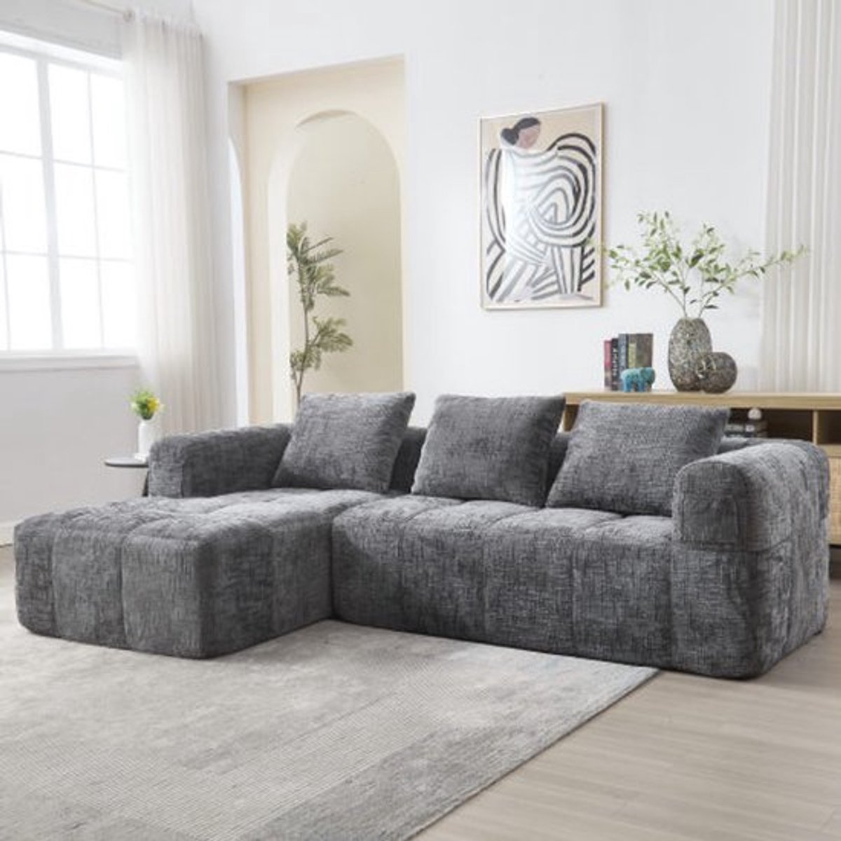 in& out door furniture Moderne hoekbank, L-vormige bank, 3-zitsbank, geen installatie vereist, chenille bank met chaise longue en armleuningen, 3 kussens, zijvak voor afstandsbediening, grijs