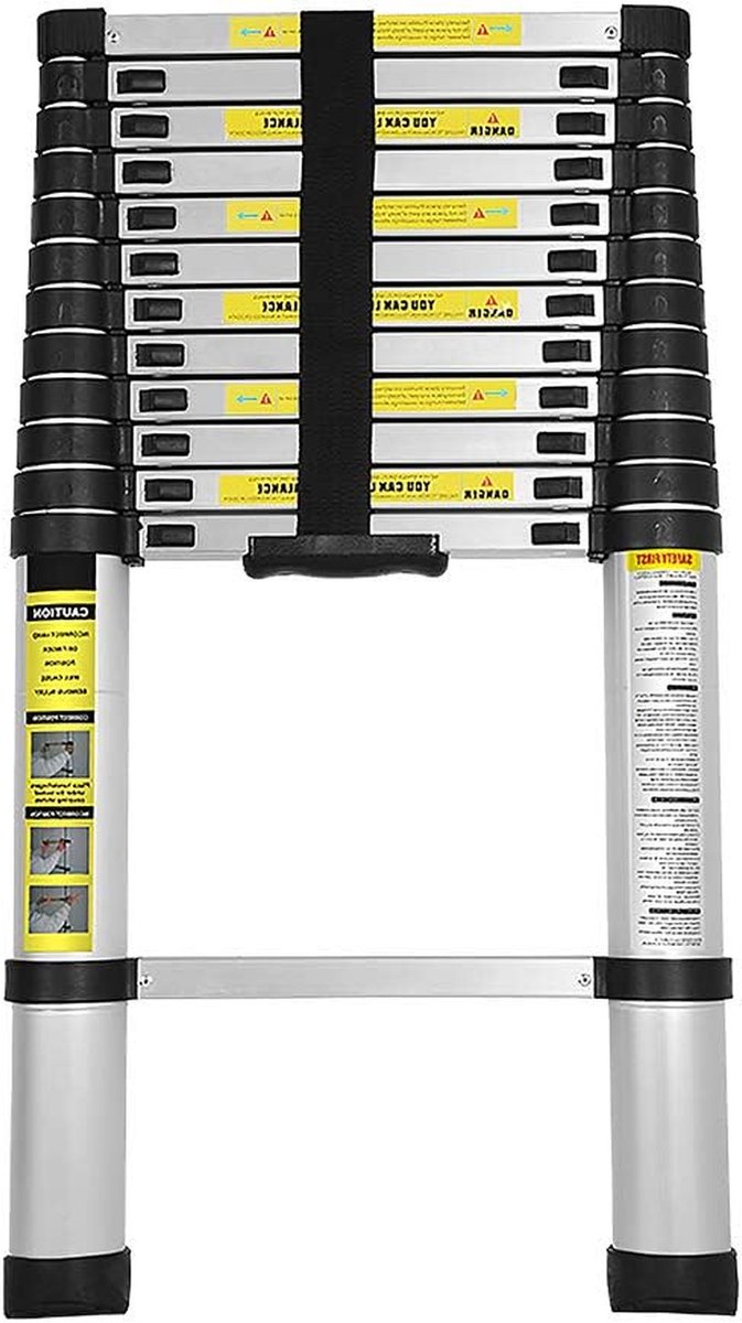 Aluminium Telescopische Ladder - Uittrekbare Ladder - Klussen Binnen Buiten - Antislip Rubberen Voetjes - 38 meter - Zilver
