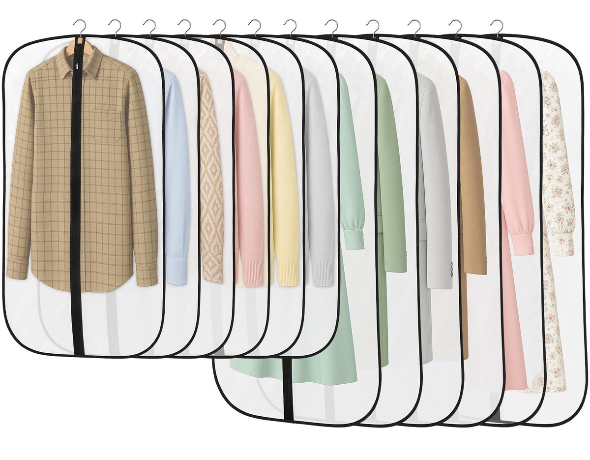 12 stuks kledingzakken, 120/100 x 60 cm, kledingzakken, PEVA doorschijnende kledingbeschermhoes met ritssluiting, kledinghoes ter bescherming van pak, overhemd, jurken, mantel