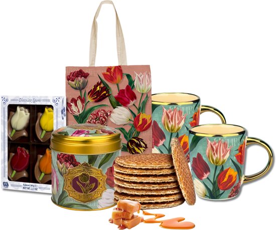 Hollands cadeaupakket met mokken, blik, chocolade tulpen en stroopwafels. Mokken en blik met tulp-opdruk.