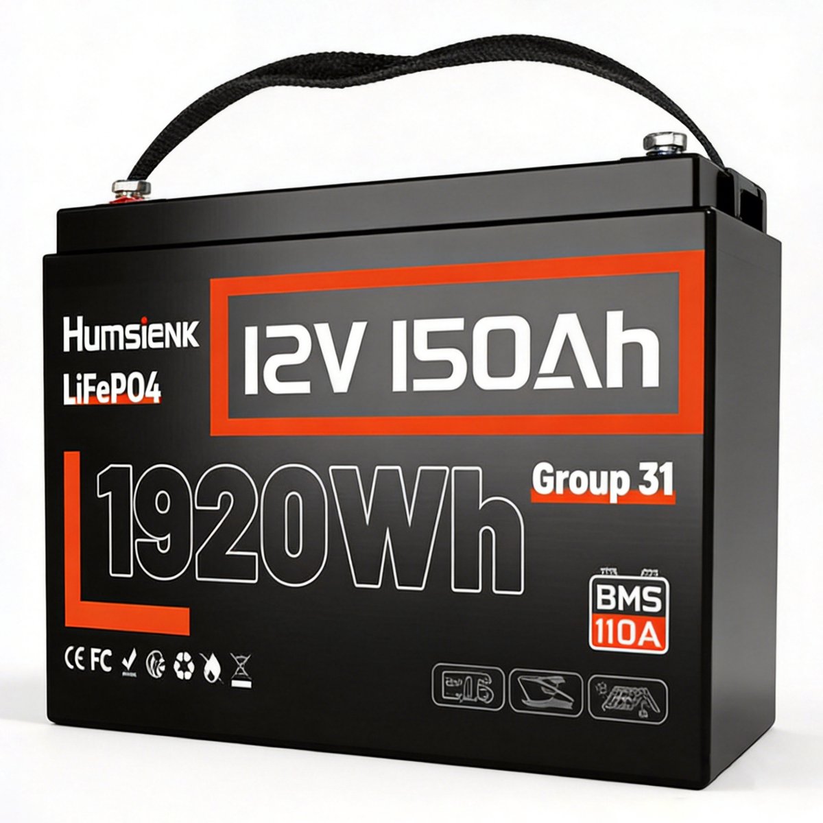 12V 150Ah LiFePO4-lithiumaccu – BCI Groep 31 – Ingebouwde 110A BMS – Deep Cycle-accu voor zonne-energie, campers, maritiem gebruik en off-grid toepassingen – 15.000+ levenscycli – Veilig en lichtgewicht – 150Ah Basismodel