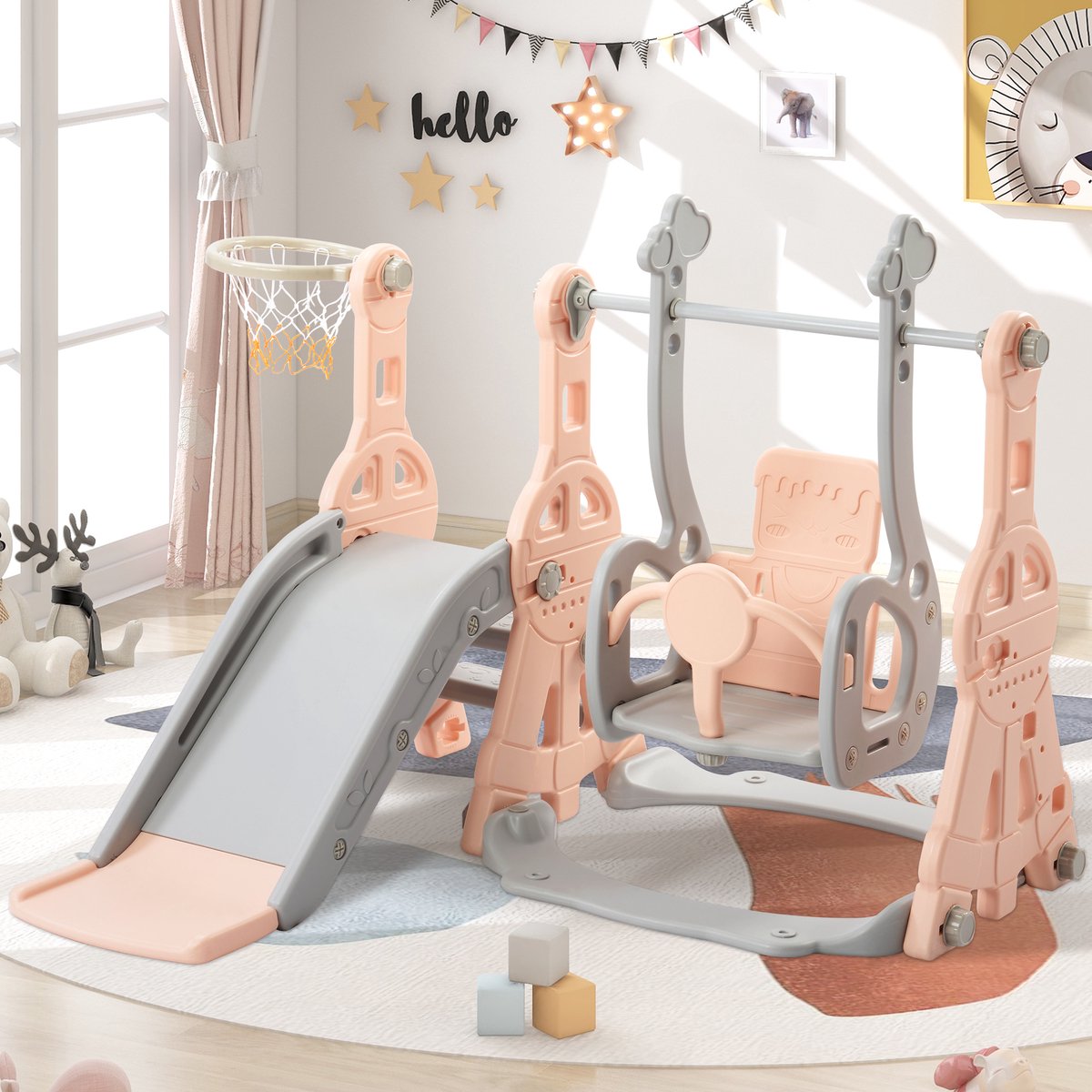 YYchan Kinderglijbaan 4-in-1 met Schommel en Basketbalring - Speeltoestel Binnen/Buiten - 140 x 118 x 102 cm - Roze