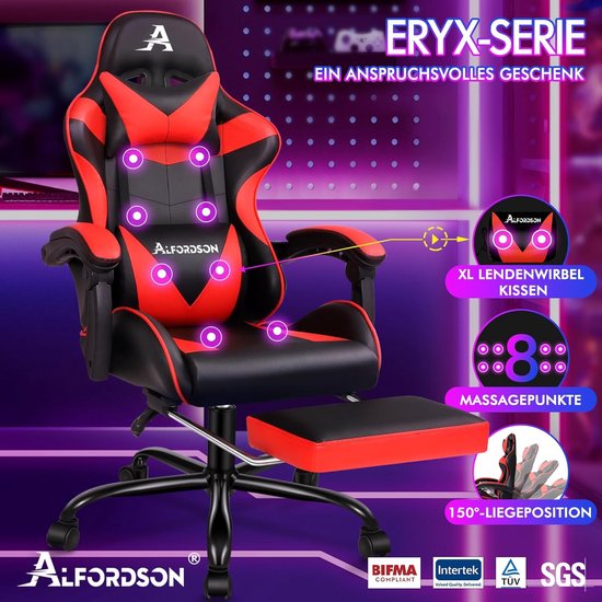 Gaming Stoel - Bureaustoel Racestoel - Comfortabel Zitten - 8-Punts Massagefunctie - 180 kg Draagkracht - Rood Zwart — afbeelding 3