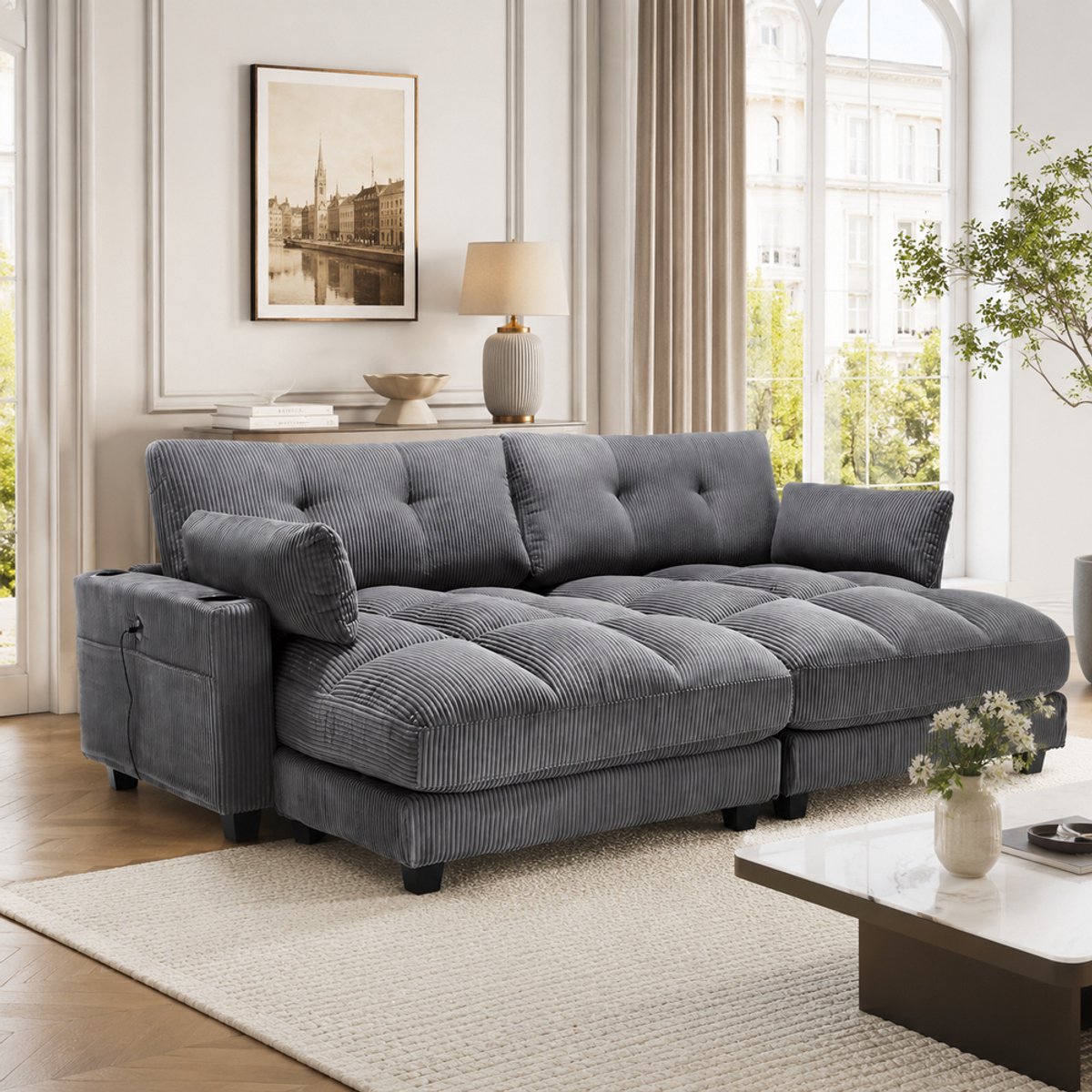 KOMHTOM Slaapbank 2-zits - Grijs Corduroy - Opbergruimte met 4 Bekerhouders en 4 Zijvakken - USB-oplaadaansluitingen in Armleuningen - Te Splitsen in 2 Losse Stoelen - Comfortabel met 2 Kussens - Voor Woonkamer Slaapkamer Kantoor