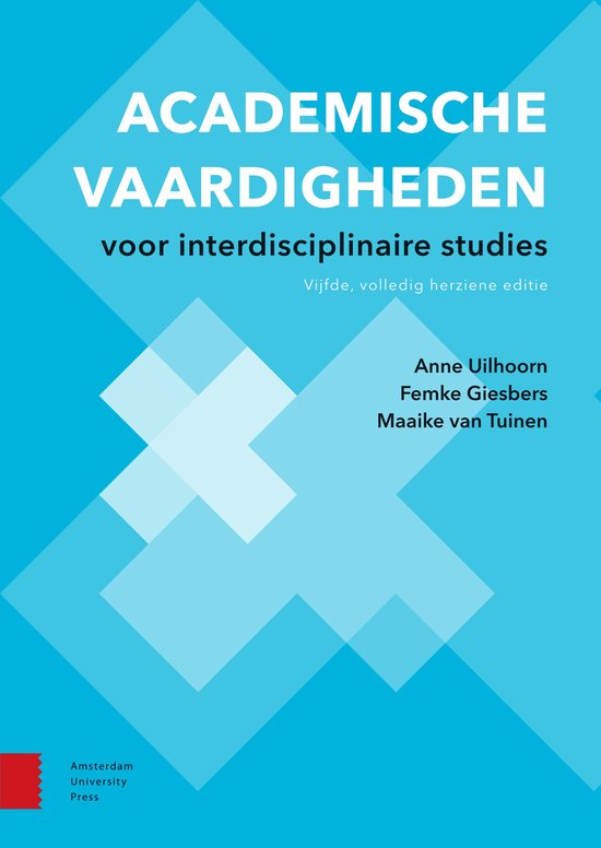 Boekomslag met de titel 'Academische vaardigheden voor interdisciplinaire studies' in witte letters op een blauwe achtergrond met geometrische vormen.