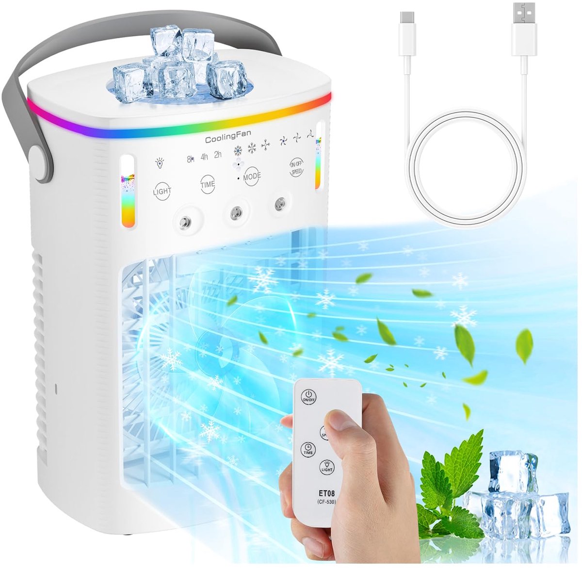 Mobiele airconditioning - mini-airconditioner voor de kamer - 4-in-1 luchtkoeler met waterkoeling - 1000 ml airconditioner zonder afvoerslang - draagbare airconditioner met 3 standen en kleurrijk licht voor de kamer