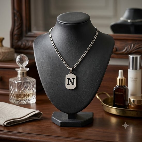 Zwarte buste met een zilverkleurige schakelketting met een rechthoekige hanger met de letter N.