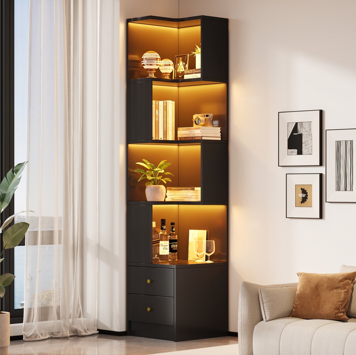 STILVORA Boekenkast - L-Vormige Hoekkast Met Ledverlichting En 2 Lades - Voor Woonkamer Of Kantoor - MDF - 45x43,5x180 Cm - Zwart