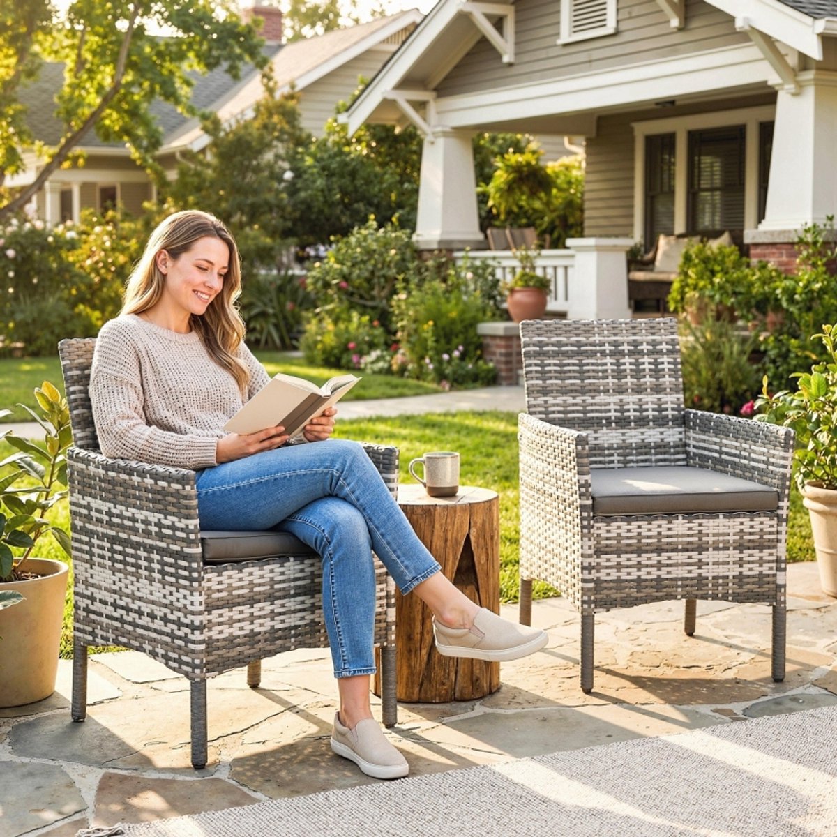 MIVRAY Tuinstoel 58 x 62 x 87 cm - Set van 2 Met Kussen En Armleuningen - Voor Balkon Terras En Tuin - Polyrattan Grijs
