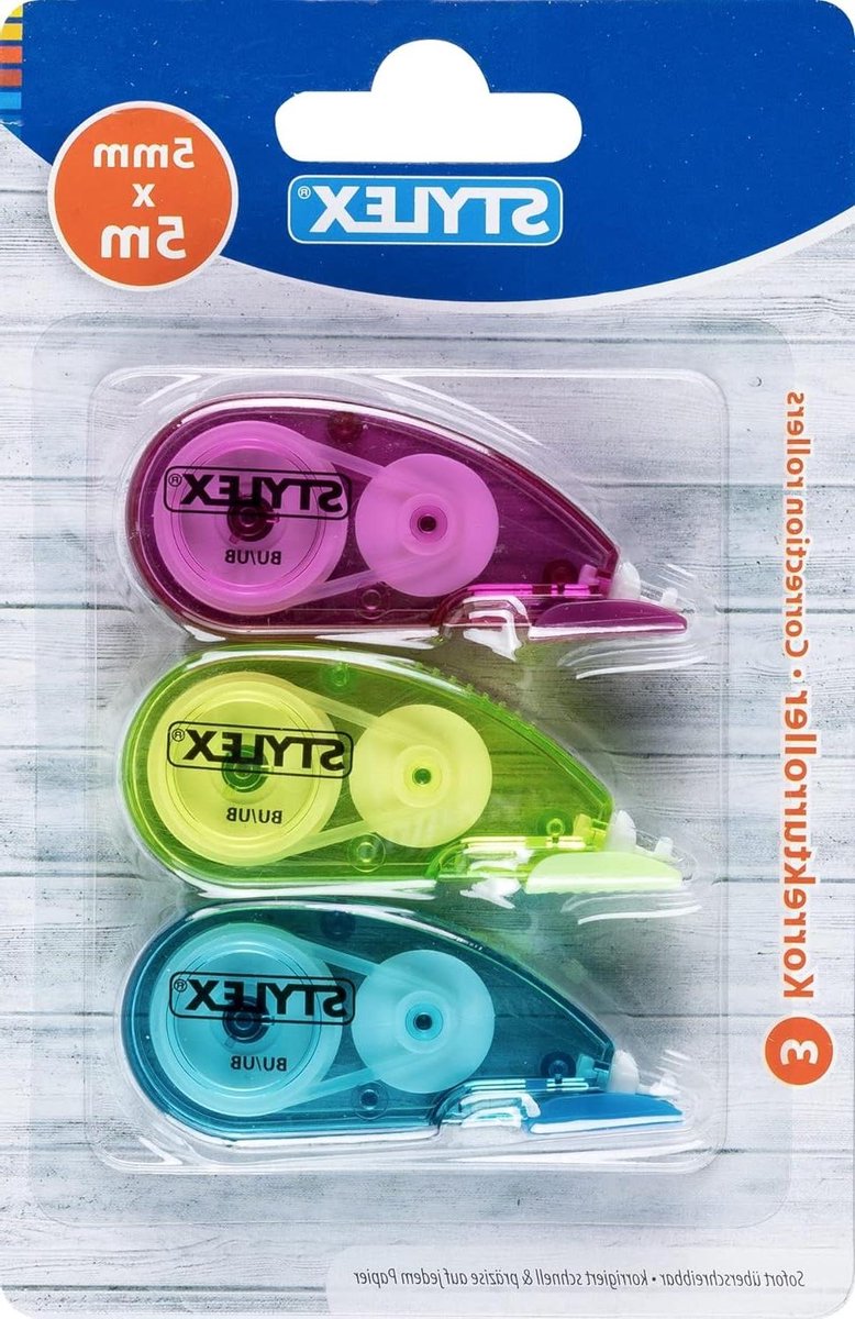 Correctierol Set - Witte Tape - Fouten Corrigeren - Scheurvast en Direct Beschrijfbaar - 3x 5mm x 5m - Multicolor