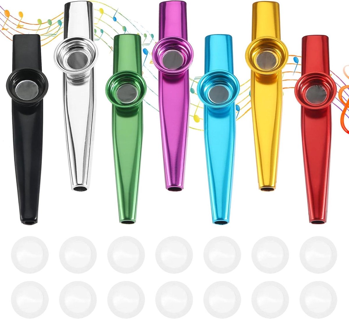 Kazoo Instrument Set - Metalen Neusfluit - Muziek Maken - 7 Kleuren 14 Membranen - 7 Stuks - Veelkleurig