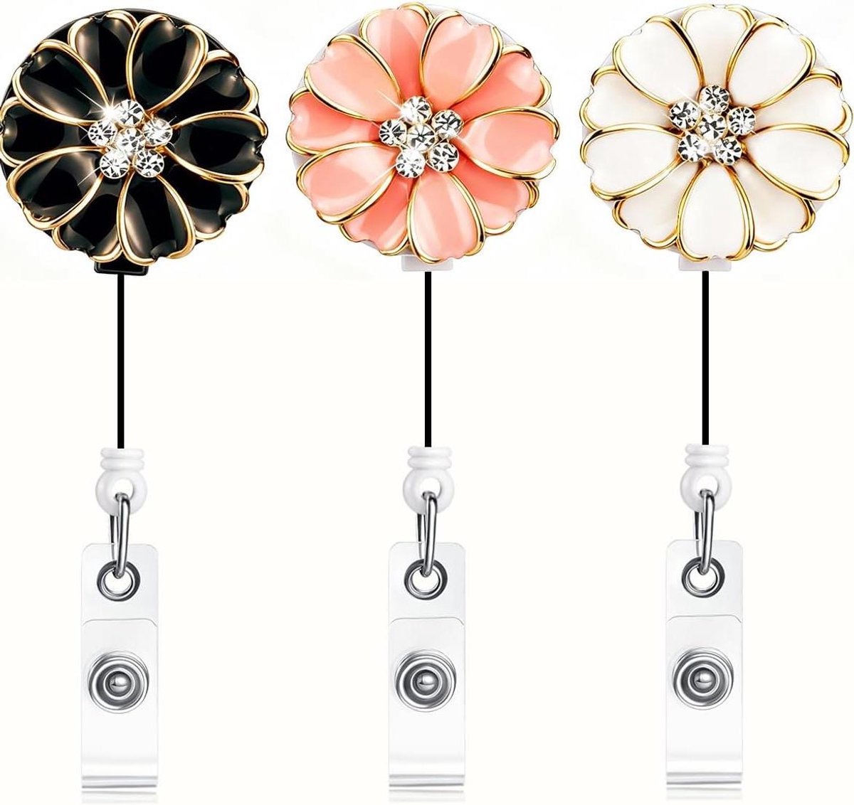 Badgehouder met Camellia - ID Kaarthouder - Scannen van ID - Bling Strass Decoratie - 3 stuks - Zwart Wit Roze