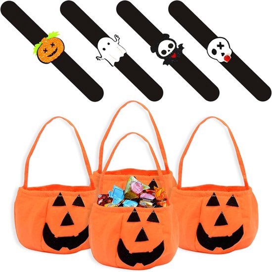 Halloween 4 stuks pompoen snoepzak - 4 stuks Halloween slaaparmbanden voor kinderen - Trick or Treat Halloween-tas