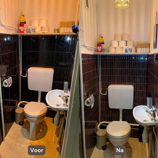 Badkamer met bruine tegels, toilet en fonteintje, voor en na renovatie.