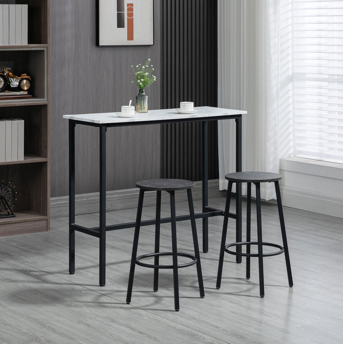 MEUNIQ 3-delige bartafel set met 2 barhockers, 100 x 40 x 90 cm, stalen frame, witte tafel met marmerlook voor keuken of eethoek