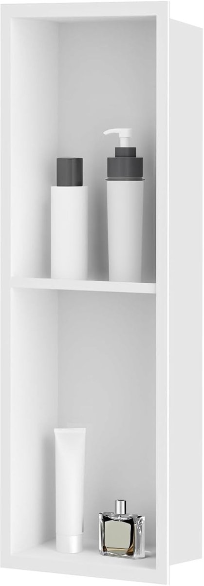 Inbouwnis voor douche roestvrij staal, Inbouwnis met rek met één plank, Douchebak 20 * 60 * 10CM, Geen tegels nodig, Mat wit