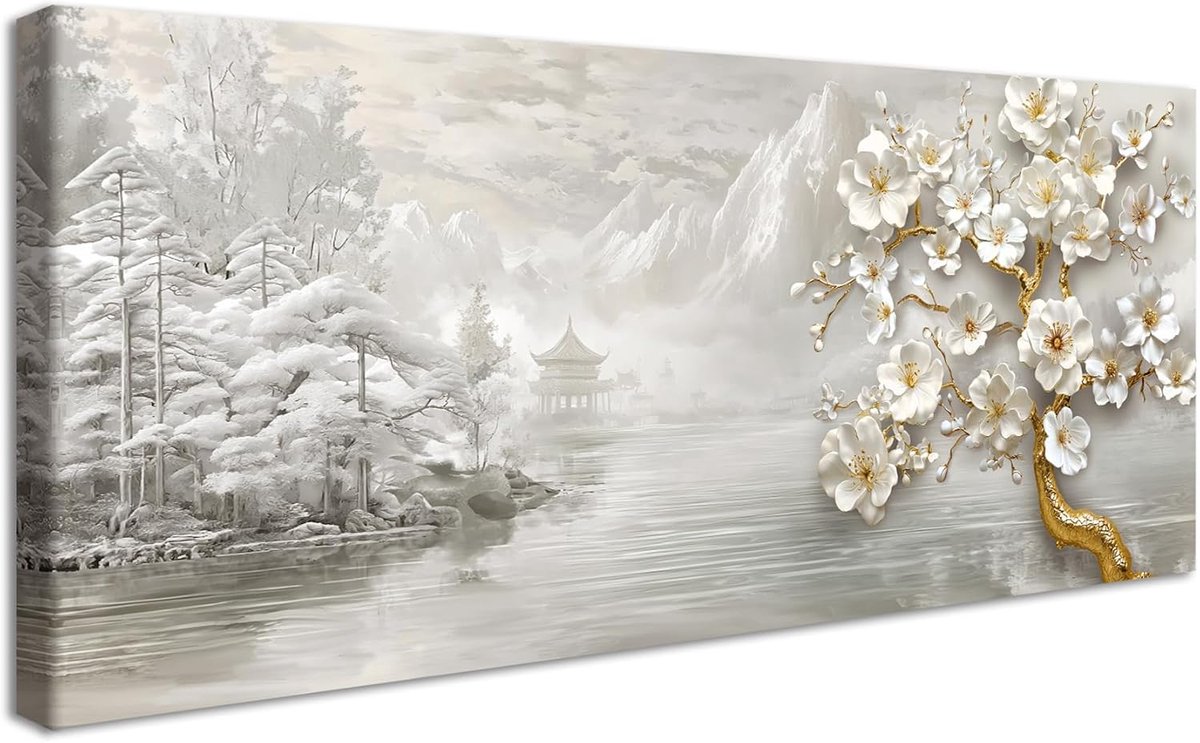 ingelijste grote canvas muurkunst grijs wit landschap schilderij op canvas prints poster witte magnolia bloem wanddecoratie gouden bloemen boom foto's voor woonkamer slaapkamer restaurant 50 x