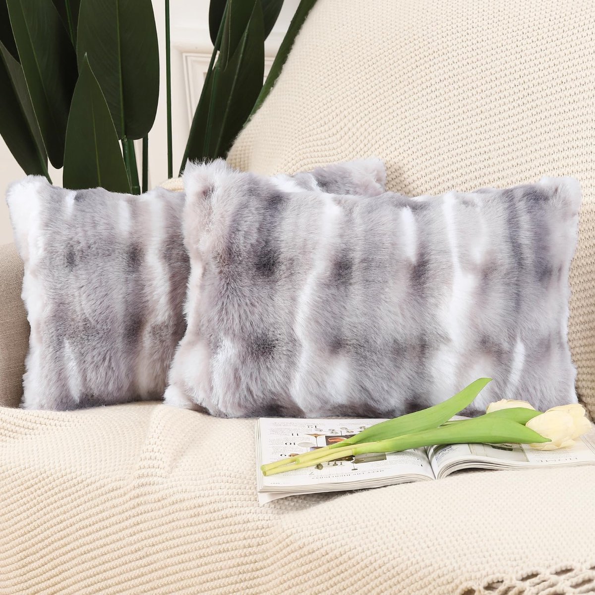 Set van 2 Dikke Pluche Faux Wol decoratieve Zachte kussenslopen decoratieve kussenhoes voor bank slaapkamer kussensloop 30x50 cm Wit Grijs