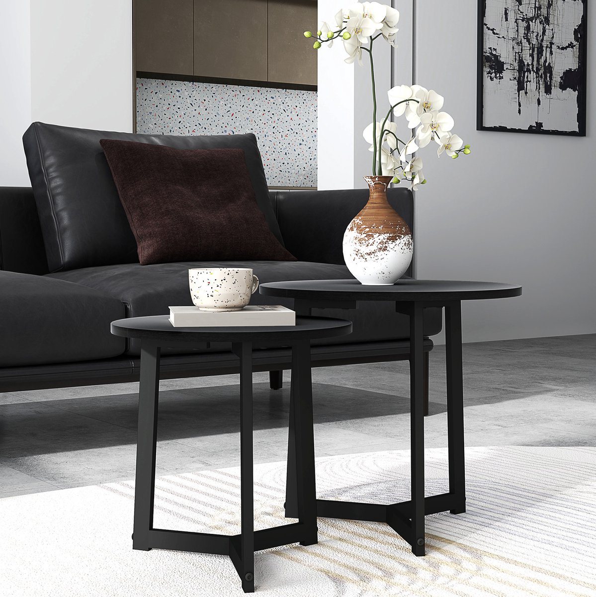 MEUNIQ Set van 2 ronde salontafels 48 en 40 cm, zwart, modern design met stalen frame en melamine MDF, voor woonkamer, als nesttafels of bijzettafels