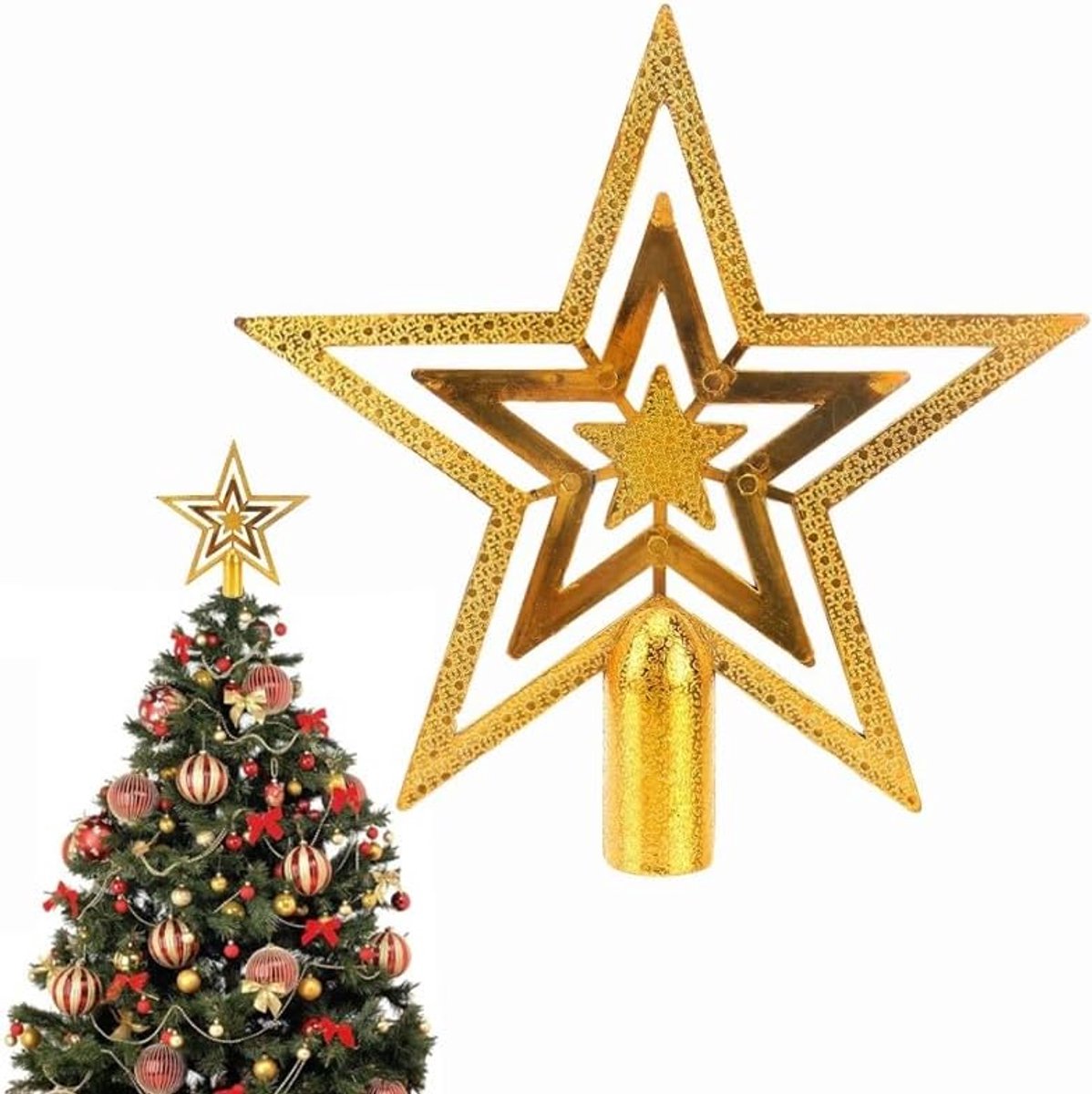 Kerstboompiek in de vorm van een ster Ster Voor de kerstboom-top Kerstboomster - Kerstboomversiering van kunststof Boomtop Kerstmis Voor kerstdecoratie, goud Kerstboomversiering