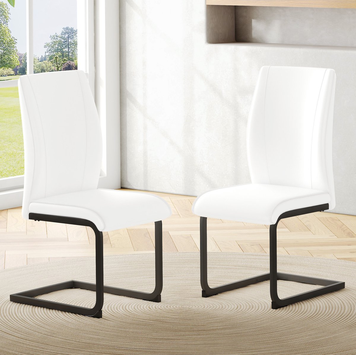 DESMIU Eetkamerstoel Set van 2 - Ergonomische Kunstleren Zitstoel Met Zachte Zitting En Rugleuning - Voor Eetkamer En Woonkamer - Metaal - Wit En Zwart White
