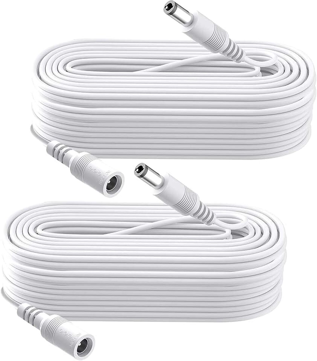 2-Pack 8M 26FT DC Stroomverlengkabel, Stekker 5,5mm x 2,1mm, DC 5V 6V 9V 12V 24V Stroomadapter Verlengkabel, voor CCTV Camera, IR Verlichting, Printer, LED Strip, Wit