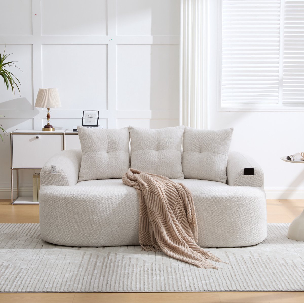 FloraGrace Zitbank 164 Cm - 2-Zits Bank Met Diepe Zitting En 3 Sierkussens - Voor Woonkamer Of Lounge - Chenille - Beige
