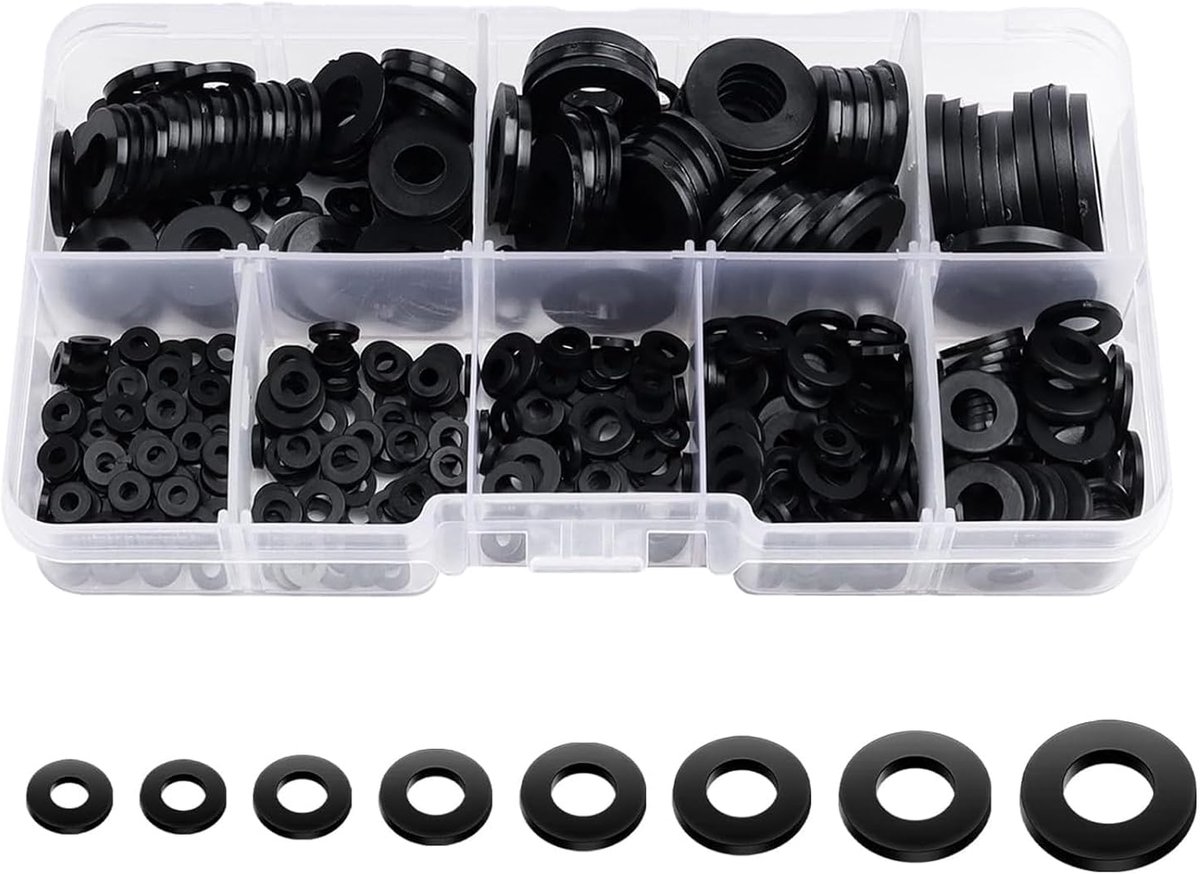 500 stuks, sluitringen, zwart, nylon, afstandshulzen, 8 maten, platte sluitringen met antislipfunctie, fitsringen, kamerdeuren met M2, M2,5, M3, M4, M5, M6, M8, M10 (zwart)
