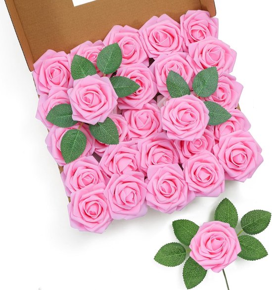 25 Stks Kunstrozen Bloemen Roze Foam Rozen Real Touch Fake Rose Heads voor DIY Bloem Garland Baby Shower Bruiloft Bruids Boeketten Tafel Bloemstuk Party Woondecoratie