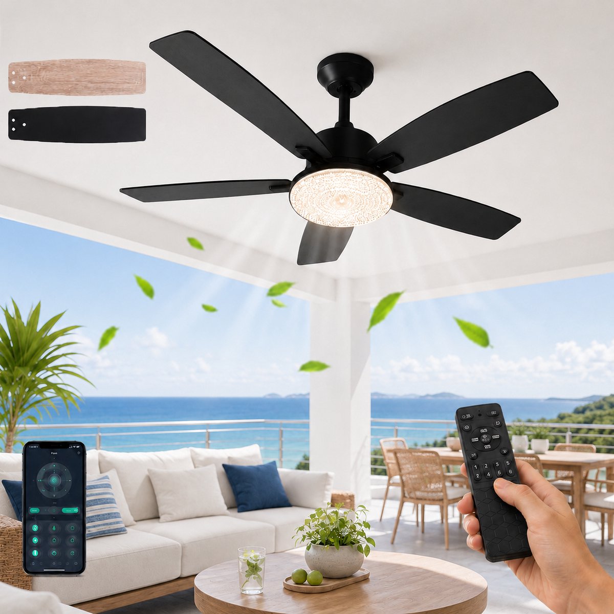 MUPOO Modern Zwart plafondventilator met verlichting Ø132 cm- plafonventilator afstandsbediening & APP -Stille DC Motor & 6 Snelheden-zomer- en winterstand-ventilator lamp plafond met Dubbelzijdige bladen Voor Woonkamer, Slaapkamer en Kantoor