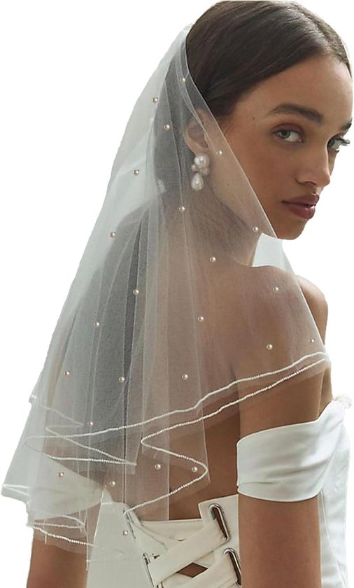 Bruidssluier - Bruiloft accessoires - Bruiloft viering - Parel en strass versiering - 40 cm lengte - Wit