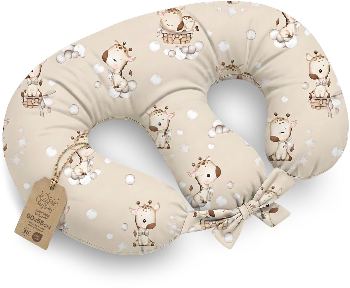 Borstvoedingskussen Tweeling Voedingskussen Baby - 90x50 cm - Ergonomisch Positioneringskussen Materniteit Multifunctioneel Ondersteuning Zacht Afneembare Hoes Oeko-Tex Giraffen