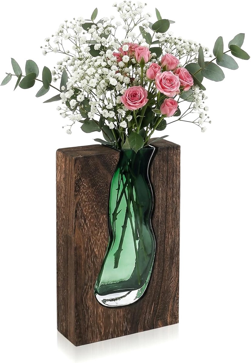 Vazen voor bloemen, glazen vazen voor bloemen, elegante handgemaakte decoratieve bloemenvaas met houten basis, voor thuis, bruiloft, eettafel, kantoor, slaapkamer, moderne decoratie, 9,4 inch