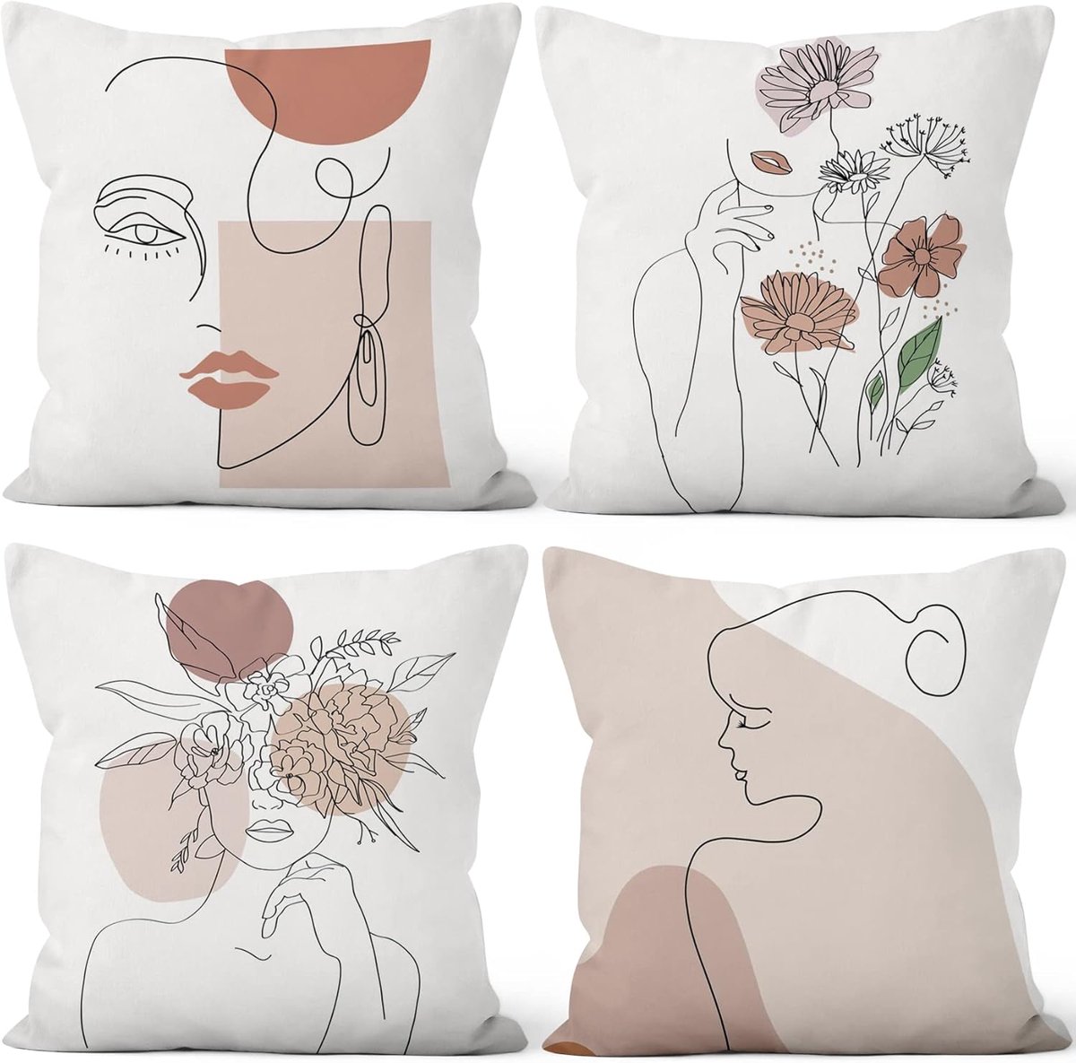 Kussenhoes met abstract gezicht, boho-roze, bloemen, geometrisch patroon, vierkant, fluwelen sierkussenhoes voor bank, slaapkamer, woonkamer, auto, set van 4, 50 b x 50 cm