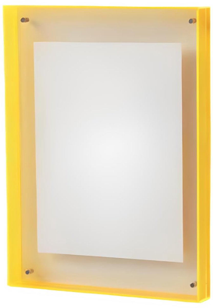 Fotolijst, transparant, dubbelzijdig, fotolijst, staand en om op te hangen, met gekleurde rand, frameloos fotoblok voor muur en tafeldecoratie, acrylglas, neon fotohouder (geel, 21 x 30