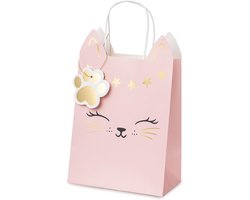 kat met handvat, 18 x 10 x 27 cm, papieren zakken om te vullen voor gastgeschenken en cadeautjes, feestzakjes met bodem voor kinderverjaardag, meisjes, themafeest, lichtroze goud