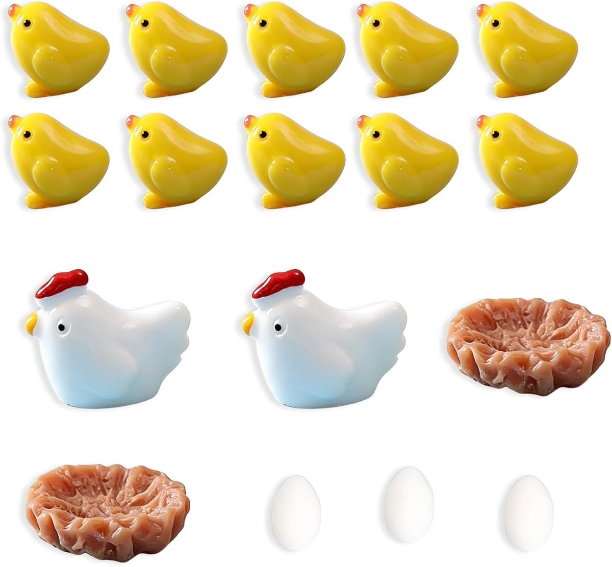 17-delige miniatuurornamentset, minifiguren, miniatuur decoratieve ornamenten voor landschappen, dierenfiguren van kunsthars, kuikens, eieren, kippen, kippenhok, voor doe-het-zelf, tuindecoratie
