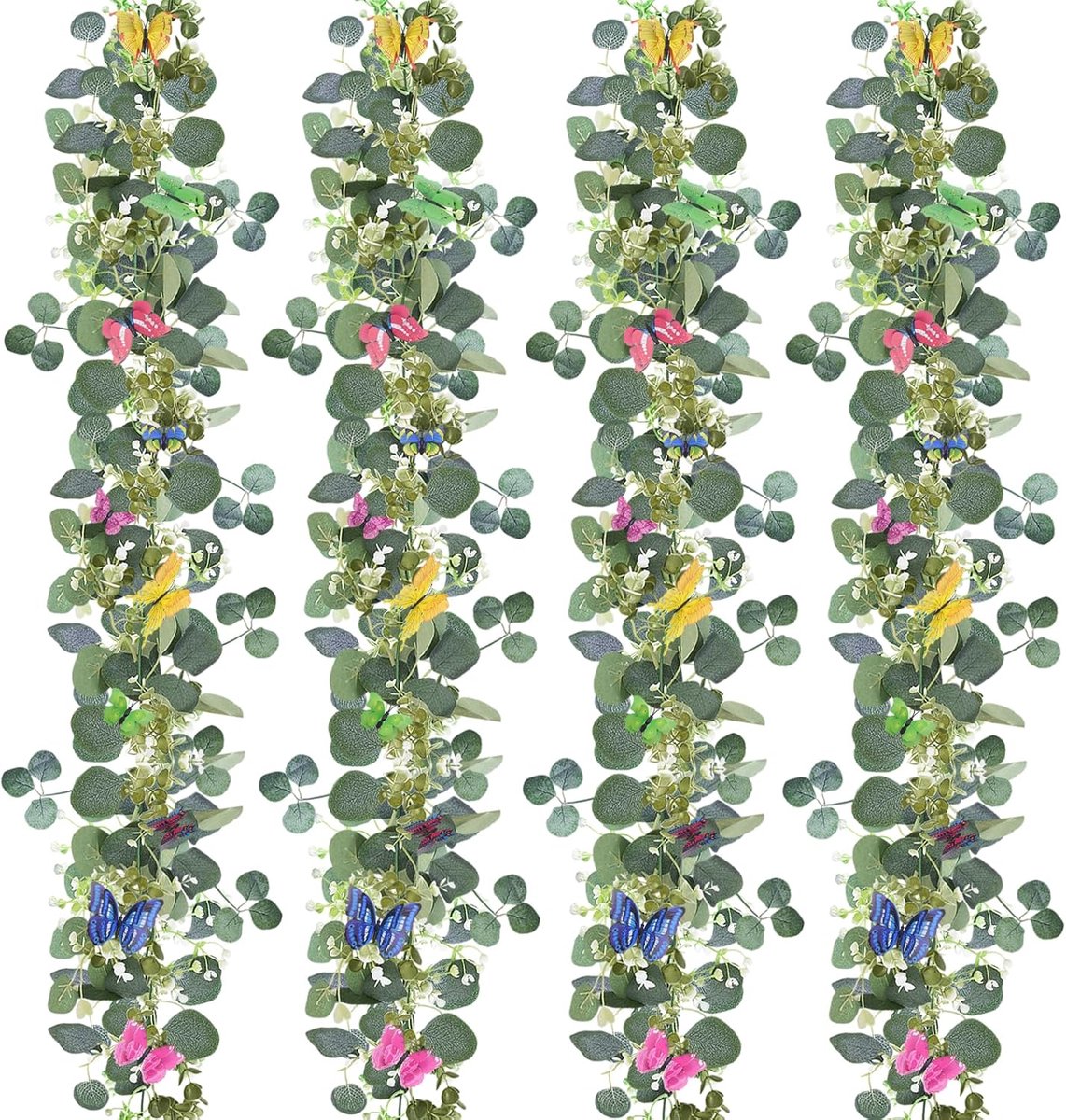 4 stuks kunstmatige eucalyptus slinger + 3D-vlinder-wanddecoratie met magneten, hangende groene bladeren, decoratie voor achtergrond, bruiloft, decoratie, tafelloper, middenstuk