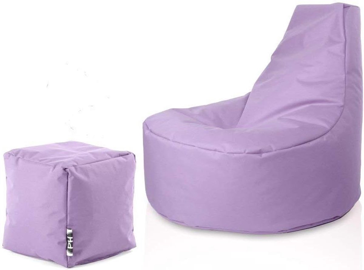 Gamer Zitzak met Kubus - Zitpoef Set - Ontspannen Zitten - Waterafstotend Nylon - Ø80cm 90cm Hoogte - Paars
