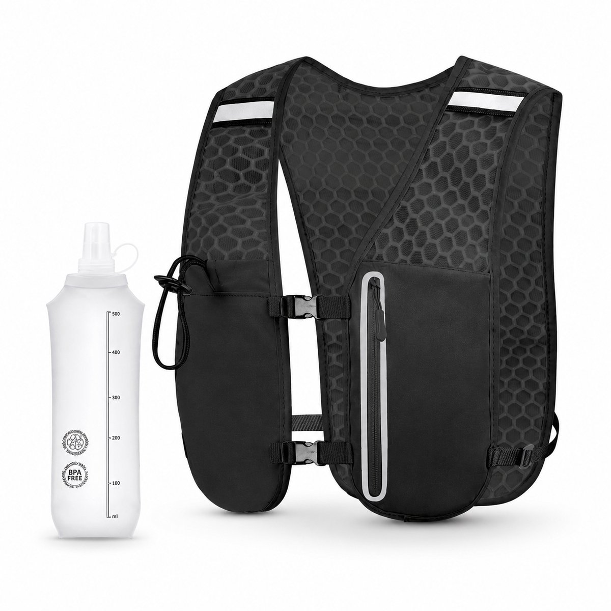 Hardloopvest Outdoor - Lichtgewicht - Ademend - One Size - Zwart - Inclusief Softflask