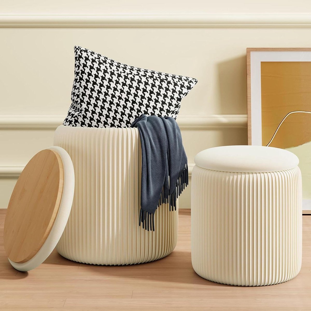 Ottomaanse Poef - Voetenbankje Poef - Ontspannen Zitten - Stevig Houten Frame - 36 x 36 x 42 cm - Beige