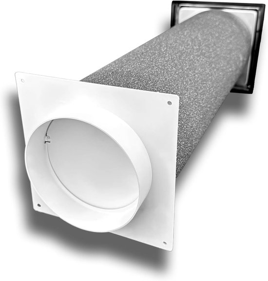 Ventilatiekap met witte montageplaat en geïsoleerde buis met RVS buitenkant.