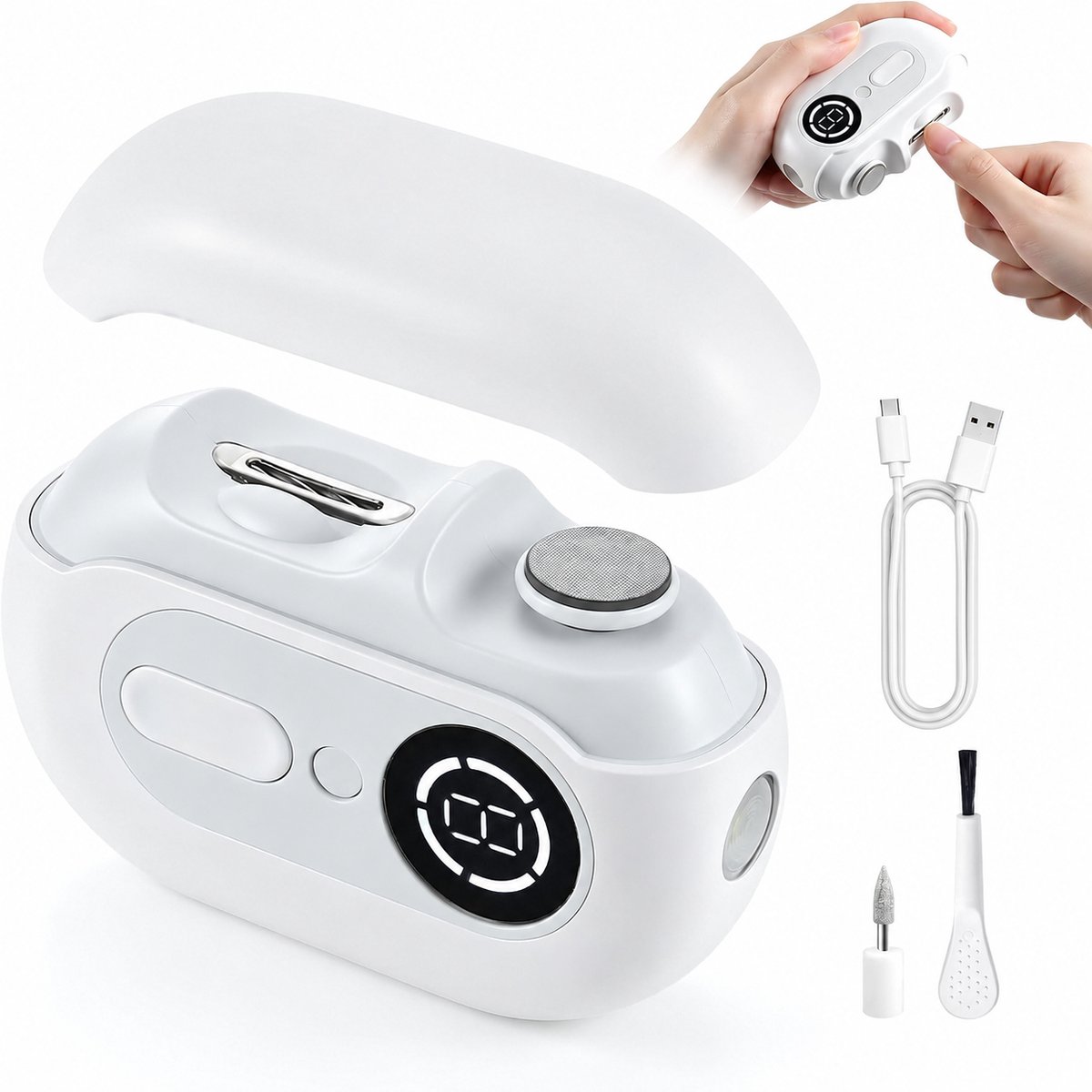 4-in-1 Elektrische Nagelknipper - Elektrische Nageltrimmer - Nagelfrees - Nagelvijl En Polijstfunctie - LED-Licht - USB-C Oplaadbaar - 2 Snelheden