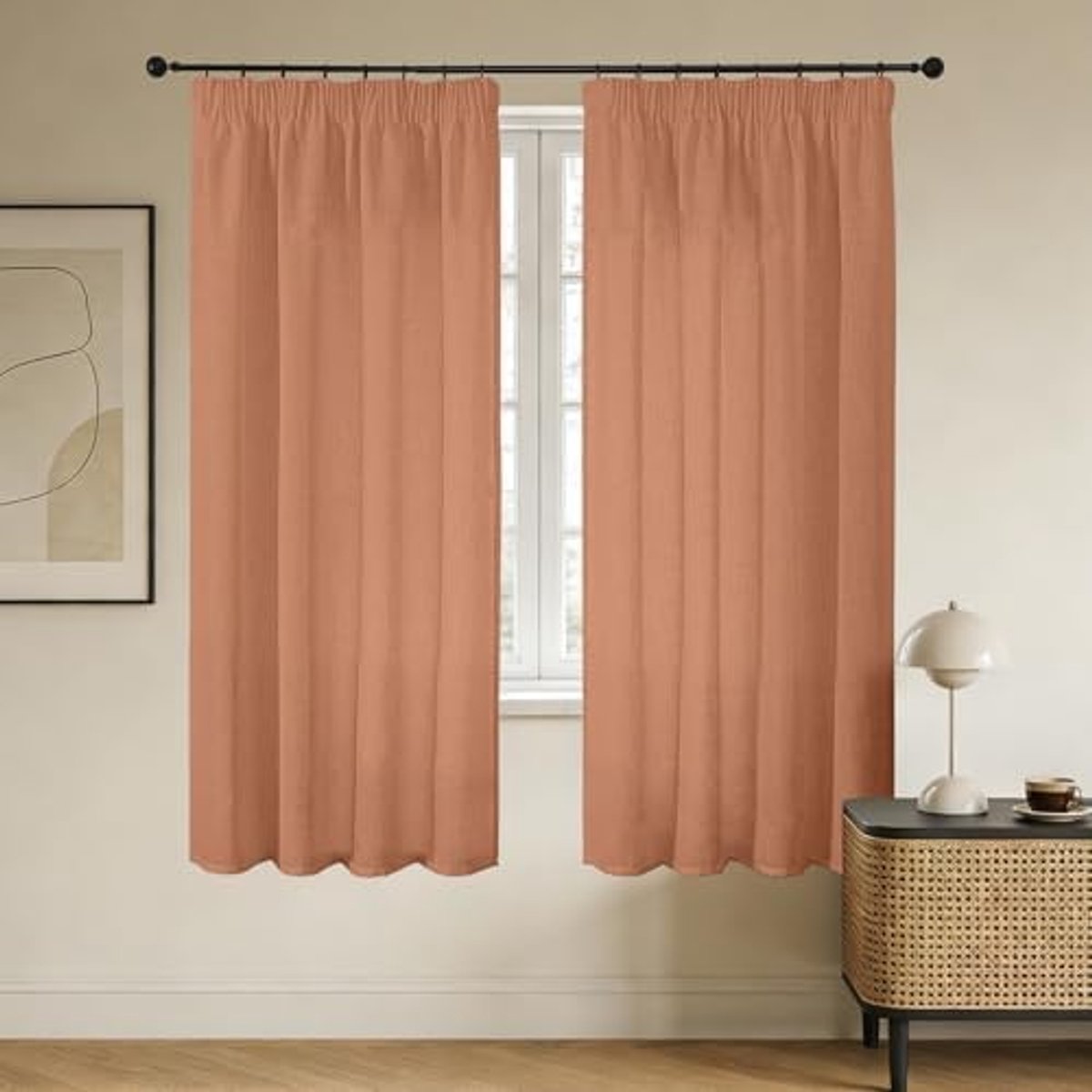 Vitrages van natuurlijk linnen met plooiband voor rails 140B x 175H cm, 2 stuks — Semi-transparante vitrages (175 cm hoog) voor raam- en erkerdecoratie — Terracotta
