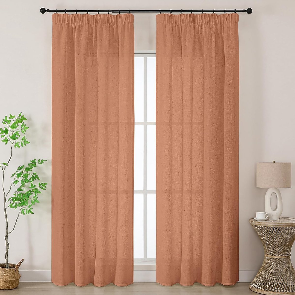 Vitrage van Natuurlijk Linnen met Plooiband voor Rails, 140B x 260H cm, 2 stuks, Semi-transparant, 260 cm Hoog, voor Interieurdecoratie in Woon- en Slaapkamer, Terracotta